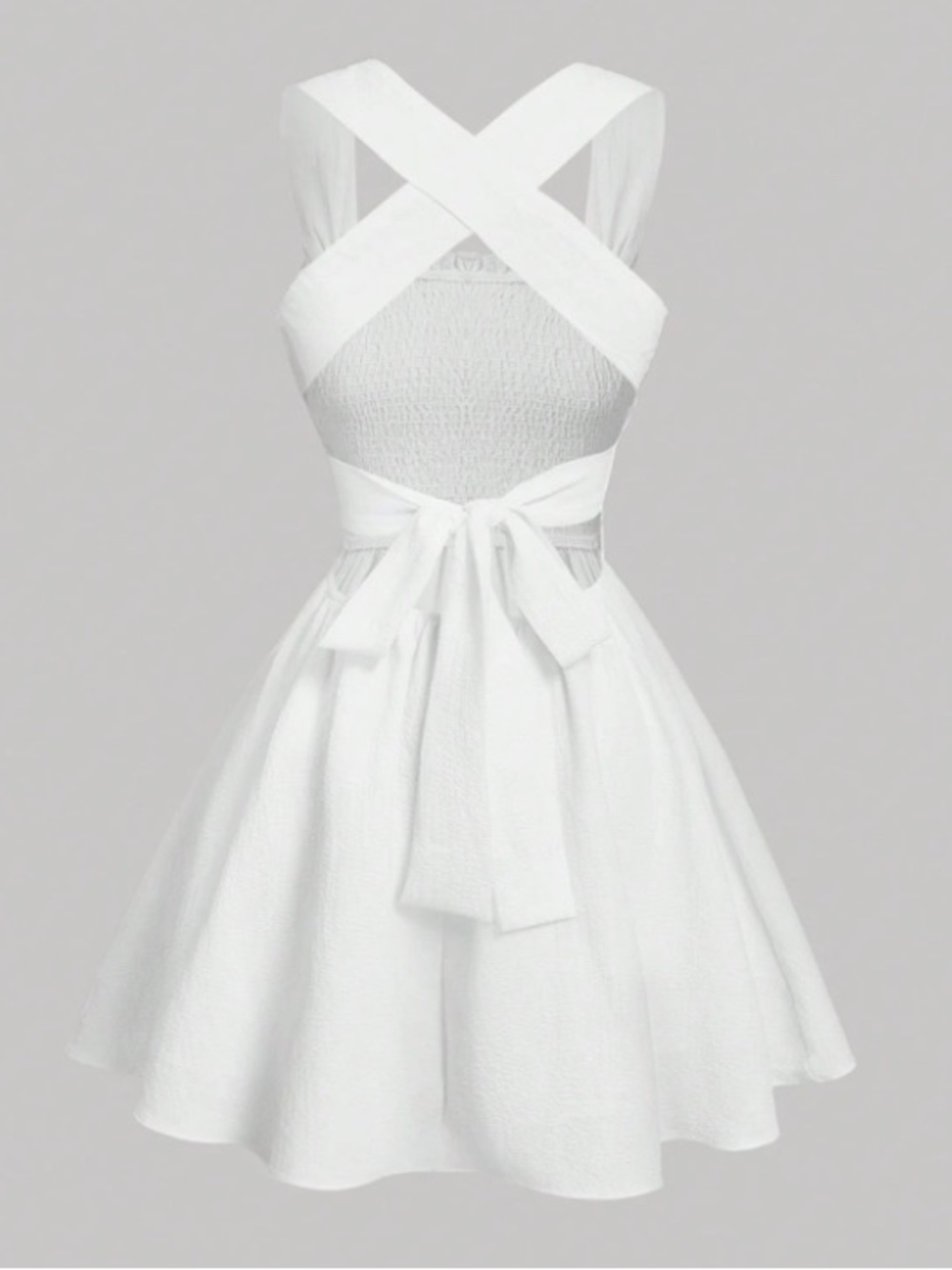 White Smocked Square-Neck Mini Dress with Wide Crossed Straps in the Back Size M - Picture 3 of 6